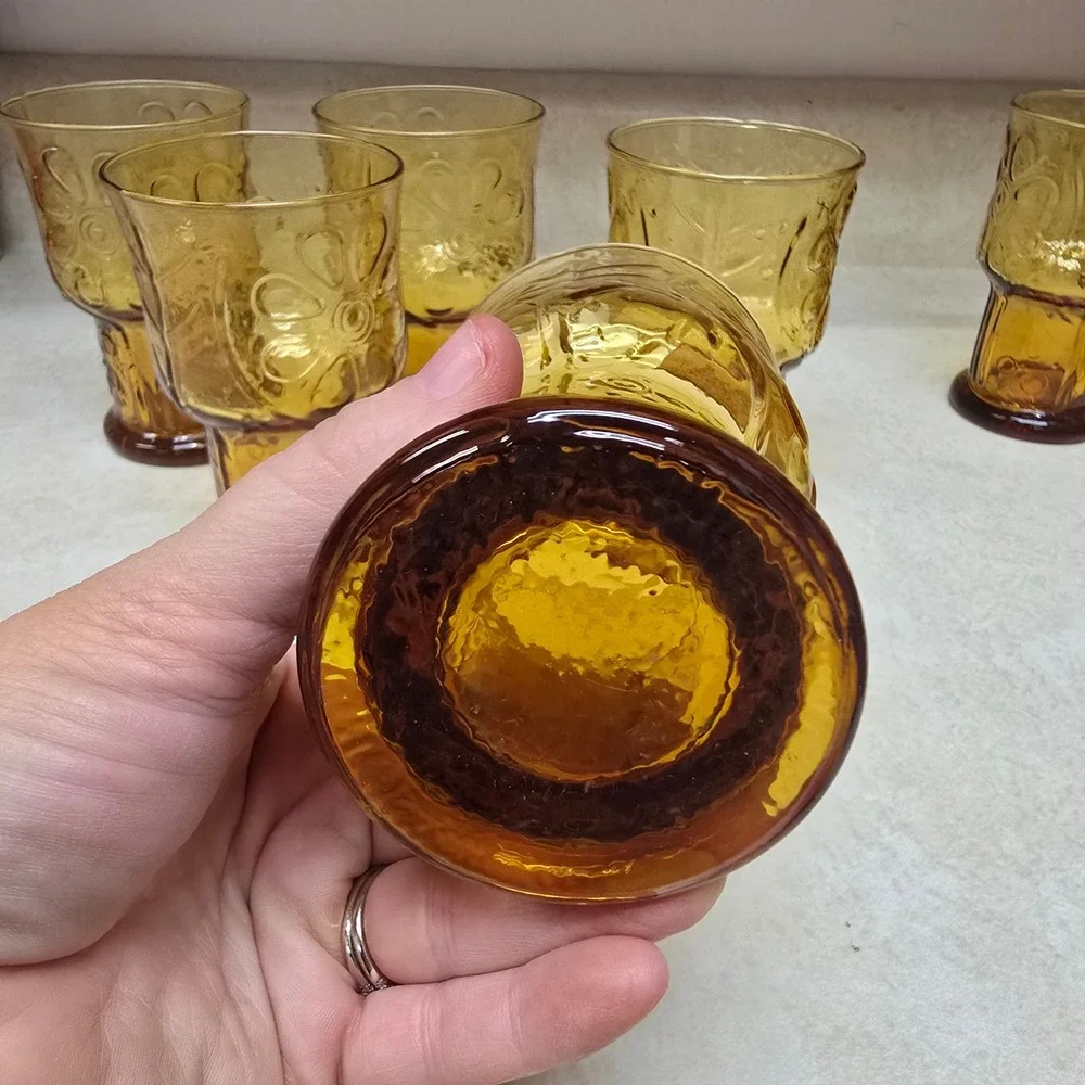 Vintage Amber Glass Tumblers Set of 5 Embossed Floral Footed Mid Century Glasses